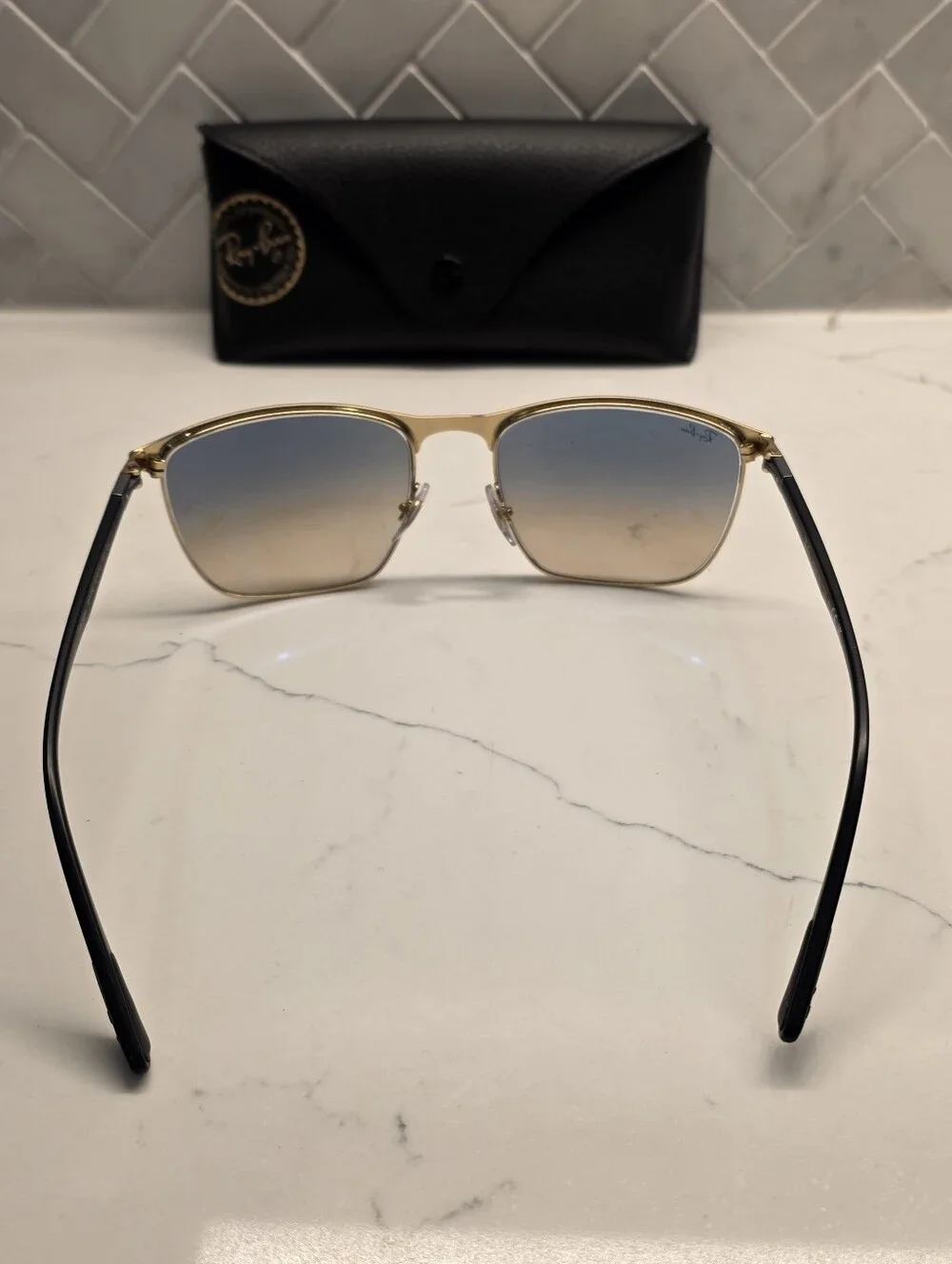 Ray-Ban RB 3686 187/32 Square Sunglasses (Polished Black on Gold / Clear Grey)